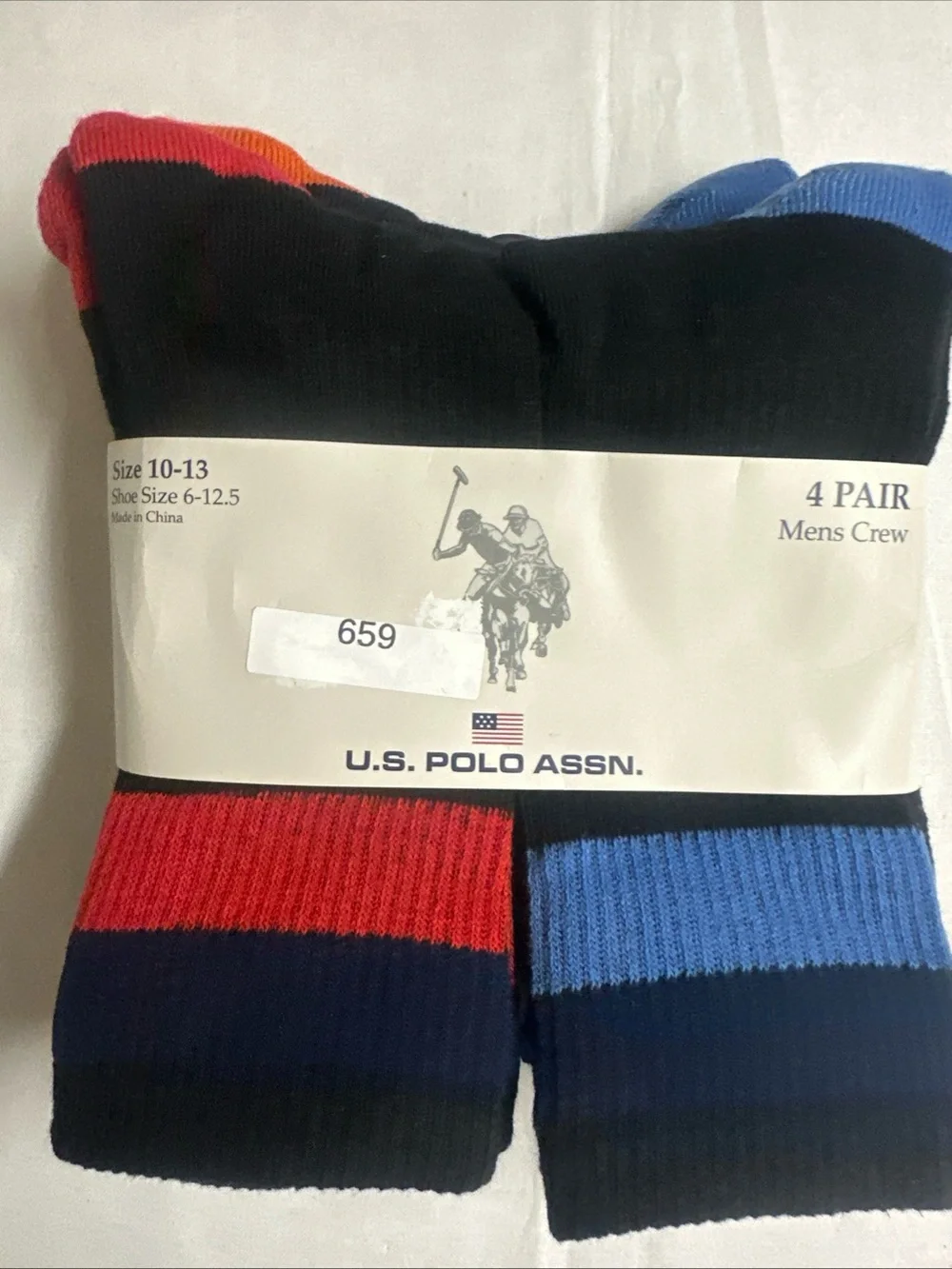 U.S. Polo Assn. Men’s Crew Socks in Black with Red & Blue Stripes